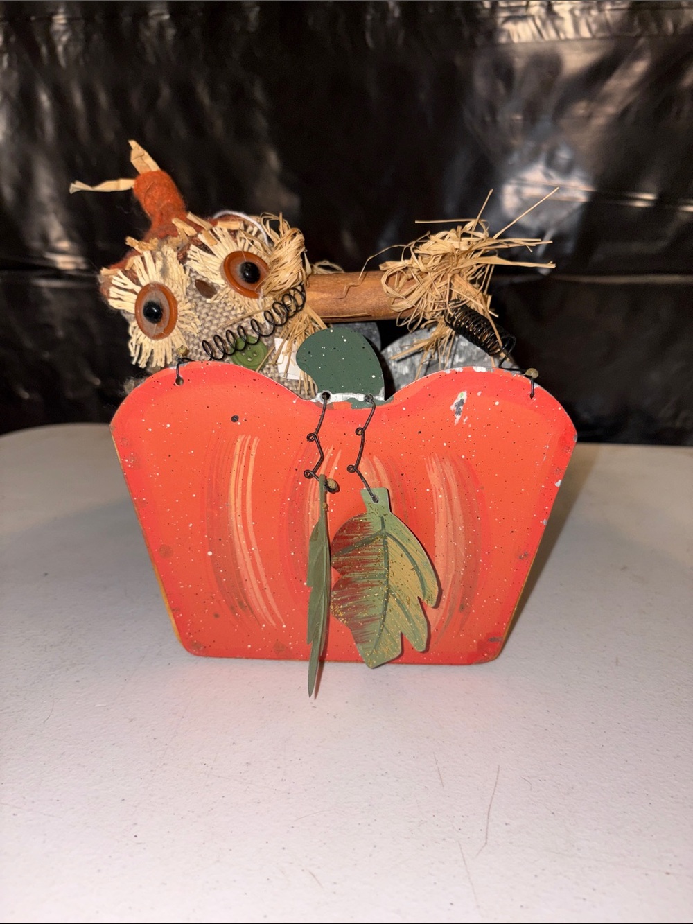 Rustic Orange Decorative Pumpkin Basket with Owl Accent